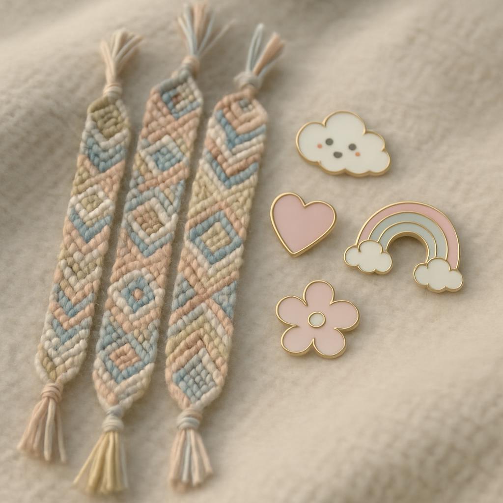 - Macrame friendship bracelets in pastel colors, two each in a geometric pattern, paired with three enamel pins of pink he...