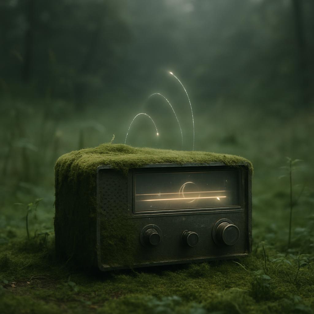 A vintage radio sits on the ground, partially covered in green moss, emitting a soft, glowing light.